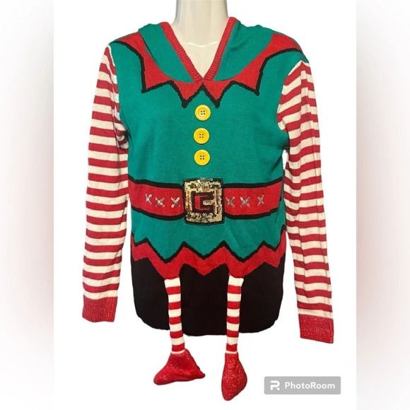 Poof Merry Christmas Elf Hooded Sweater - Picture 1 of 7